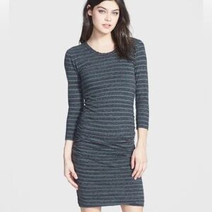 James Perse Ruche Side Stripe T Shirt Dress 3/4 Sleeve SZ M 2 Heather Black Grey